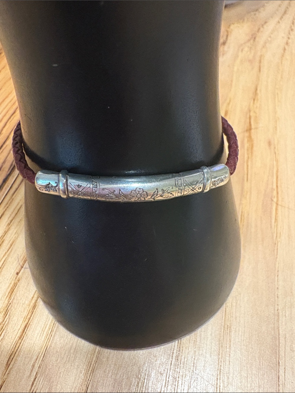 Brighton Silver Floral Bar Bracelet on Burgundy Braided Cord